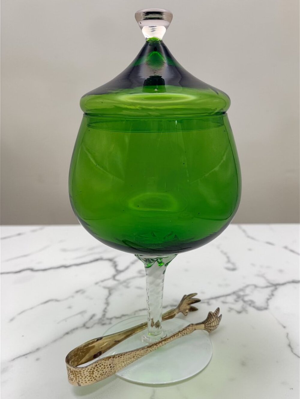 VTG Empoli Italian Green Glass Ice Jar with Lid Apothecary Candy Dish W/Tongs